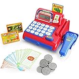 Boley Toy Cash Register with Scanner - Red and Blue Toddler Cash Register Toy for Kids with Calculator and Toy Credit Card Reader
