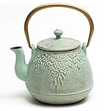 Tea Kettle, TOPTIER Japanese Cast Iron Teapot with Stainless Steel Infuser, Cast Iron Tea Kettle Stovetop Safe, Leaf Design Teapot Coated with Enameled Interior for 32 Ounce (950 ml), Light Green