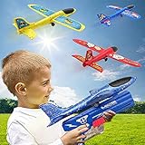 GNAlGNAt 3 Pack Kids Airplane Toys with Launcher, Cool Outside Outdoor Flying Toys Foam Airplane for Kids Boys Age 3+ 4 5 6 7 8 9 10 11 12 Year Old Boys Birthday Gift Include 3 Sets of DIY Stickers