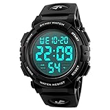 SKMEI Large Face Digital Watch Men’s Sports Waterproof LED Military Wristwatches Chronograph Alarm Clock (Black)