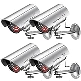 WALI Bullet Dummy Fake Surveillance Security CCTV Dome Camera Indoor Outdoor with one LED Light Warning Security Alert Sticker Decals (TC-S4), 4 Packs, Silver