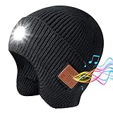 Bluetooth Beanie Hat with Light and Headphones, Built-in Microphone and Stereo Speakers Upgrade Music Knitted Hat, Unisex USB Rechargeable Headphones Music Hat (Black)