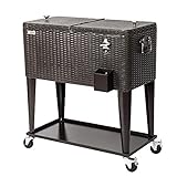 VINGLI 80 Quart Rolling Ice Chest on Wheels, Portable Patio Party Bar Drink Cooler Cart, with Shelf, Beverage Pool with Bottle Opener,Water Pipe (Rattan)