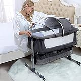 Ihoming Bedside Bassinet for Baby, Infant Bed Side Bassinets Sleeper with Breathable Net, Co Sleeper Bedside Crib Attaches to Bed, Grey
