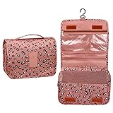 Aosivm Hanging toiletry bag for Women,makeup travel bag,with Jewelry Organizer Compartment,Large Cosmetic Bag Travel Bathroom Shower Accessories (Leopard print pink, Large)