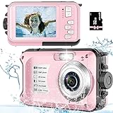 Underwater Camera Point and Shoot Waterproof Camera with 32GB Card 10FT 30MP 1080P FHD Video Compact Portable 16X Zoom Waterproof Digital Camera for Kids, Pink