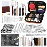 Leather Crafting Tools and Supplies, Leather Tooling Kit with Prong Punch Groovers Cutting Mat Stamping Tools Leather Working Kit for Beginners Sewing Carving Cutting and Leather Craft DIY Making