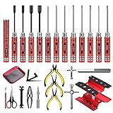 RC Car Tool Kit (27pcs), Screwdriver Set (Flat, Phillips, Hex), Pliers, Cross Wrench, Body Reamer, Stand, Polished Bar Hobby Repair Tools for Traxxas Car Quadcopter Drone Helicopter Airplane