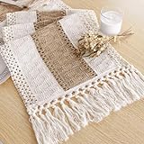 FEXIA Boho Table Runner for Spring Home Decor 72 Inches Long Farmhouse Rustic Table Runner Cream & Brown Macrame Table Runner with Tassels for Dining Living Room Bedroom Bridal Shower (12x72 Inches)