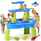 2024 Upgraded Sand Water Table Toys for Kids, 3-Tier & Electric Water Pump Rain Showers Splash Pond Toddler Sand Table, Sensory Play Table for Boy Girl 3+ Beach Summer Outside, Blue&Green