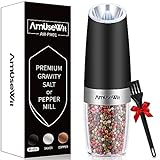 Electric Gravity Pepper Mill or Salt Grinder Mill [White Light] - Battery Operated Automatic Pepper Grinder with Light, Adjustable Coarseness, One Handed Operation, Cleaning Brush, Black by AmuseWit