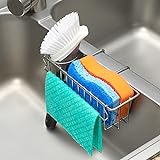 3-in-1 Sponge Holder for Kitchen Sink, Movable Brush Holder + Dish Cloth Hanger, Hanging Caddy, Small in Organizer Accessories Rack Basket, 304 Stainless Steel, Never Rust