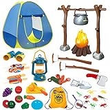 MITCIEN Kids Camping Set with Campfire, Play Tent , Binoculars, Oil Lantern, Toddlers Pretend Cutting Fruits, Marshmallow, Camping Toys Play Set for Boys Girls 3-5 Year Old and Up Indoor Outdoor Toys