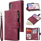 LBYZCASE Phone Case for iPhone X,iPhone Xs Wallet Case,Luxury Folio Flip Leather Cover[Zipper Pocket][Magnetic Closure][Wrist Strap][Kickstand ] for Apple iPhone X/Xs 5.8 inch-Wine Red