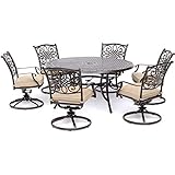Hanover 7-Piece Tan with a 60 Cast-top Six Traditions Rust-Free Outdoor Patio Set Cushions, 6 Swivel Rockers and Aluminum Round Dining Table