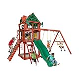 Gorilla Playsets 01-0083-RP Five Star II Wooden Swing Set with Monkey Bars, Rock Climbing Wall, Wood Roof, Two Swings and a Ring with Trapeze Combination Swing