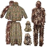 Cutecrop 2 Pack Ghillie Suit 3D Leafy Camo Hunting Suits Ghillie Camouflage Leafy Hatand Full Face Mask Ghillie Hunting Suits Pants Lightweight Clothes Leaf Hunting Suits Unisex (Green, Brown,Large)