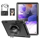 Case for Samsung Galaxy Tab S7 FE 2021 : Military Grade TPU Shockproof Heavy Duty Protective Cover for Tab S7 Plus 12.4 Inch with S-Pen Holder + Rotating Kickstand + Handle + Shoulder Strap-Black