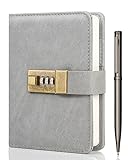 WEMATE Journal with Lock, A6 PU Leather Diary with Lock 240 Pages, Vintage Lock Journal Notebook with Pen & Gift Box, Lock Diary for Men and Women 4.3X 6.18in Light Grey