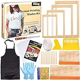 Pllieay 29PCS Screen Printing Starter kit Include 4 Different Size Wood Screen Printing Frame with 110 Mesh, Screen Printing Squeegees, Inkjet Transparency Film, Mask Tape, Fine Glitter and Apron