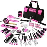 THINKWORK Pink Tool Set - 207 Piece Lady's Portable Home Repairing Tool Kit with 13'' Wide Mouth Open Storage Tool Bag, Perfect for DIY, Home Maintenance - Christmas Gift for Women, LHTS-034