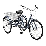 Schwinn Meridian Adult Tricycle, Three Wheel Cruiser Bike, 24-Inch Wheels, Low Step-Through Alluminum Frame, Adjustable Handlebars, Large Cruiser Seat, Rear Folding Basket, Single-Speed, Slate Blue