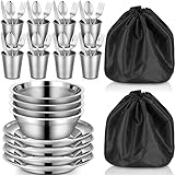 50 Pcs Camping Mess Kit, Polished Stainless Steel Dishes Set, Portable Dinnerware Utensils Tableware with Cups, Plates, Bowls, Mesh Bag for Backpacking Hiking Camping Travel Picnic, 8 Person Set