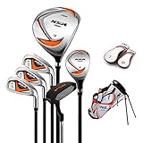 PGM Junior Golf Club Complete Set Includes Driver, Hybrid, 7, 9, Wedge Irons, Putter, Stand Bag Right Handed for Children Kids 3-5, 6 Pieces Youth Golf Clubs with 2 Headcovers for Boys & Girls