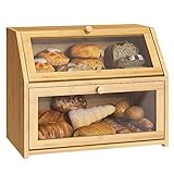 Bread Storage Farmhouse Bread Box For Kitchen Countertop Bread Container With Clear Window Breadbox Double Layer Bamboo Wooden Extra Large Capacity Bin Kitchen Food Storage Container(Trapezoid)