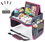 Kids Travel Tray with Dry Erase Board, Car Seat Lap for Food & Play Activity, Carseat Table Trays for Toddler, Kid Activity Desk for Air Travel, No-Drop Tablet Holder & Borders (Grey with Pink Frame)