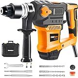 SHIELDPRO 1-1/4 Inch SDS-Plus 13 Amp Rotary Hammer Drill Heavy Duty, Safety Clutch 3 Functions with Vibration Control,Including Grease, Flat Chisels, Point Chisels and 3 Drill Bits