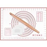 Baking Mat for Rolling Out Dough, DIGIROOT Thickening Food Grade Silicone Pastry Mat with Wooden Rolling Pin & Dough Scrapers, Measurement Fondant Mat, Dough Rolling Mat, Pie Mat(16'x24'x0.6mm(THK))