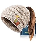 AHASTI Bluetooth Beanie for Women with Ponytail Hole, Gifts for Women Music hat Wireless Headphones, Womens Beanie Tech Gifts Girls-Beige