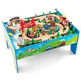 INFANS Train Table, 80 Pieces Wooden Kids Activity Toy Table Playset with Reversible Detachable Tabletop, Tracks, Train, Railway, City, Gift for Toddler Boys Girls Ages 3+ (32.5' x 23.5' x 16')