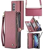 ASAPDOS Samsung Galaxy Z Fold 5 Wallet Case with S Pen Holder,PU Leather Strap Wristlet Flip Case with Magnetic Closure[S-Pen Fully Compatible],Card Holder[RFID Blocking] and Kickstand Wine Red
