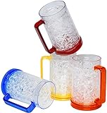 Drinking Glasses Cups, Double Wall Gel Freezer Beer Mugs, Freezer Ice Mugs Cups, 16oz, Plastic Cooling Beer Mug Clear Set of 4 (Red, Green, Blue, Orange)