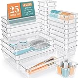 WOWBOX 25 PCS Clear Plastic Drawer Organizer Set, 4 Sizes Desk Drawer Divider Organizers and Storage Bins for Makeup, Jewelry, Gadgets for Kitchen, Bedroom, Bathroom, Office