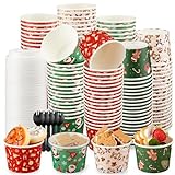 Maxcheck 240 Pcs 9 oz Christmas Treat Snack Cups with Lids and Spoons Ice Cream Paper Cups Holiday Xmas Themed Snack Cups for Dessert Yogurt Sundae Cold Hot Food Xmas Party