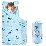 FAINSY Nap mats for Preschool, 100% Cotton Fabric (Percale-60S), 50x20 in (Age 3-5), with Pillow and Blanket, Padded Sleeping Mat Slumber Bag Daycare Prek Pre-k School, Toddler Kids Boy Girl Airplane