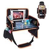 MENZOKE Kids Travel Tray, Car Seat Organizer Toddler Tray with Dry Erase Board Car Lap Desk Table with iPad Holder, Storage Packet, Kids Active Eating Tray for Road Trip, Airplane, Stroller, Black