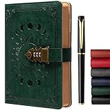 ZXHQ Diary with Lock for Women & Men, A5 240 Pages Lockable Journal with Pen, Refillable Leather Journal Writing Notebook (8.5 × 5.9inch) Blackish Green