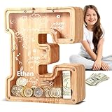 UBeesize Large Piggy Banks Twenty-Six English Alphabet Letter for Boys Girls, Wooden Personalized Bills and Coins Bank Money Box,DIY Name Birthday Gift,Bedroom Living Room Decoration(E)