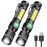 Flashlight USB Rechargeable, Magnetic LED Flashlight, Super Bright LED Tactical Flashlight with Cob Sidelight, 2000LM, Waterproof, Zoomable Best Small LED Flashlight for Camping, Emergency Flashlight