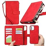 JWS-C iPhone 12/12Pro 6.1' Wallet case -Zipper Wallet Detachable - Case with 6 Card Holder -RFID Blocking-[Wristlet Lanyard] for Women and Men-iPhone 12/12 Pro Flip Folio Credit Cover- Red