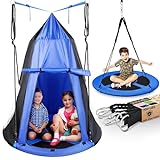 SereneLife 40”Hanging Tree Play Tent Hangout for Kids Indoor Outdoor Flying Saucer Floating Platform Swing Treepod Inside Outside House Canopy-Includes Hammock Pod Hang Kit and Swinging Swivel Spinner