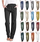 Muyise Womens Cotton Linen Casual Pants Straight Leg Drawstring Elastic High Waist Loose Comfy Palazzo Trousers with Pockets(01-Black,Small)
