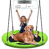 Hisecome 40 Inch Saucer Tree Swing Set for Kids & Adults, Adjustable Swing Sets for Backyard or Outdoor Playground 900D Oxford Fabric,Heavy Duty Round Swing Green & Black