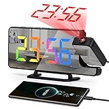 Projection Alarm Clock for Bedrooms, 7.3' LED Mirror Digital Alarm Clock with 180°Projector on Ceiling Wall That Automatically Brightness, 12/24H,Snooze,Dual Alarm with USB Charger for Bedroom Decor