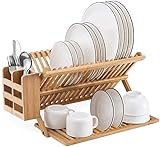 HBlife Bamboo Dish Drying Rack with Utensils Flatware Holder Set Large Folding Drying Holder for Kitchen, Collapsible Drainer, Cups and Utensils Holder