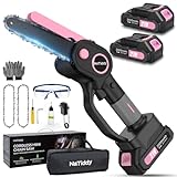 NaTiddy Mini Chainsaw Cordless, 6 Inch Electric Chainsaw with 21V Rechargeable Battery Powered, Portable Chain Saw Lightweight Handheld for Branch Wood Cutting Tree Trimming (2 Batteries 2 Chains)